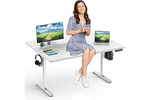 OFFIWAY Höhenverstellbarer Schreibtisch Elektrisch, Stabil Kein Schütteln Solide Stahlgestell, Ergonomischer Steh-Sitz Verstell Computertisch, One-Touch-LED Anzeige mit 3 Memory Funktion, Haken,140x60cm, Weiß
