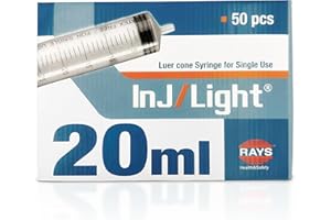 BEHLER INSTRUMENTS Rays - Siringhe Monouso da 20 ml a Tre Corpi con Cono Luer Centrale senza Ago di Inj/Light - Siringa - Confezione da 50 Unità, Sterilizzate con Ossido di Etilene, Senza Lattice