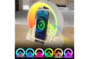 AVEKI Sunrise Wake-up Alarm with Flame Mountain, APP Control Intelligent Atmosphere Lamp with 256 Light Effects, 15W Wireless Charger/Bluetooth Speaker/FM Radio/LED Night Light for Bedrooms