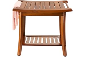 Utoplike - Panca da doccia in teak con maniglie, sgabello da bagno portatile in legno con ripiano portaoggetti, 56 x 33,2 x 47,2 cm, ideale per interni ed esterni