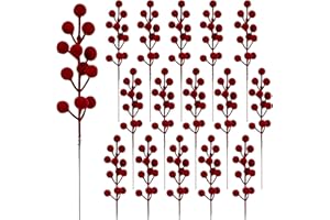 KKSTY 16 Pieces Artificial Red Velvet Berry Stems - 22cm Christmas Berries Picks for Xmas Tree Decorations, Wreath, Garland, DIY Crafts,Vase Filler,Party, Wedding, Home Décor (Burgundy)