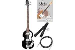 Rocktile VB-2 “Black Magic” Vintage Beatbass Set de Bajo Eléctrico - Hollow Body en diseño Violinbass con 2 Humbucker Pickups - incluye correa para guitarra, cable y escuela de bajo eléctrico - Negro