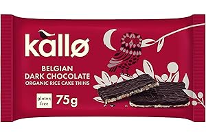 Kallo Organic Rice Cake Thins with Belgian Dark Chocolate 75g – Gluten Free Rice Cake Thins, Light Snack, Vegetarian and Organic Chocolate Treat