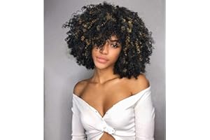 QUEENTAS Parrucche Afro per Donna Parrucca Afro Crespa Riccia con Frangetta Senza Colla Parrucca Afro Sintetica Disco Anni '70 per Halloween (10 Pollici, da Nero a Biondo)