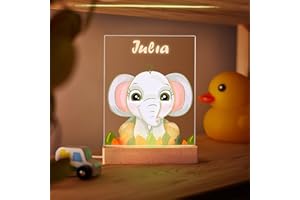 Transparent Gift Lámpara Infantil Personalizada Elefante de Metacrilato y base de Madera. Luz Nocturna Quitamiedos de Mesita para bebés con Elefante y Nombre. Regalos originales niños