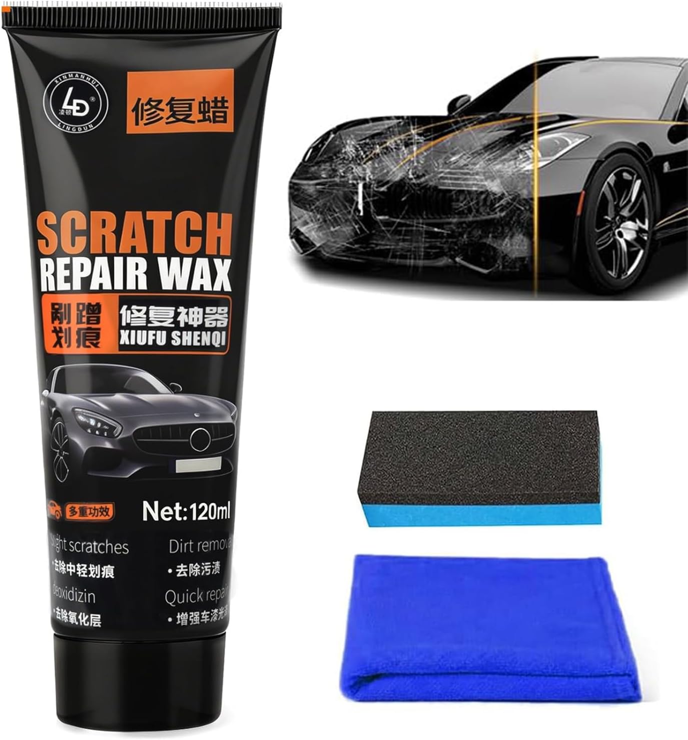Car Scratch Remover, Scratch Remover Kit for Cars 120 ml, Car Scratch Removal Wax Repair Paste with Wipe and Sponge, Remove Minor Scratches and Restore Surface Shine
