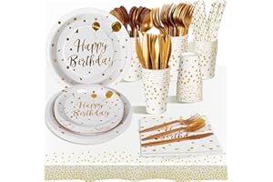 AIPartywar 193 Stück Partygeschirr Kindergeburtstag,24 Gäste Gold auf Weiß Partygeschirr Party Set mit Becher Servietten Tischdecke Pappteller Geburtstag Mädchen für Party Geburtstag