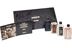 ‎QUARANTINI Quarantini Gin Tasting Set inkl. Online-Tasting 42% Vol. (4 x 50 ml) – Geschenkset mit vier fruchtigen Sorten (Barrel Aged, Dry, Black und Rosé)