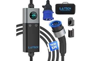 iLa Tech Mobile Wallbox Tipo 2 7kW con CEE Spina, EV Caricatore 32A Monofase con 5 Metri Cavo Ricarica Auto Elettrica, Corrente Regolabile, LCD Display, IP66, Supporto&Borsa Trasporto