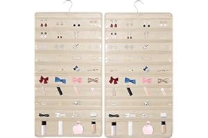SAVORLIVING Organizzatore di gioielli da appendere, armadio a doppia faccia per orecchini con appendino, 80 tasche trasparenti per gioielli, collane e bracciali (beige)