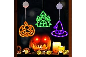 Halloween Decorations, Jsdoin 3 Pack Halloween Window Lights with Suction Cup Battery Operated Light Pumpkin Spider Witch Hat Cat Castle Lights for Party Indoor Home Shop
