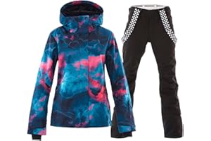 ALSOGO Damska kurtka narciarska i spodnie narciarskie, zestaw 2-częściowy, kombinezon śniegowy 10 000 mm słupa wody, oddychające, na szelkach, wiatroszczelne spodnie śniegowe ze zdejmowanym kapturem,