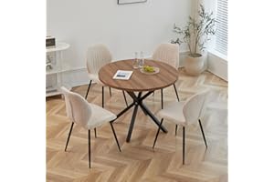 GrandCA HOME Esstisch und Stuhlset, 100 cm Runder Esstisch und 4 Moderne Leinenstühle, für Esszimmer, Küche, Wohnzimmer, Dunkel + Khaki