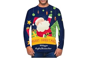 luoluoluo Mens Christmas Jumper Clearance Xmas Novelty Pullover Snowflakes Santa Claus Sweatshirt 3D Printed Snowman Christmas Tree Jumpers Long Sleeve Crew Neck Pullover Sweater Present for Him