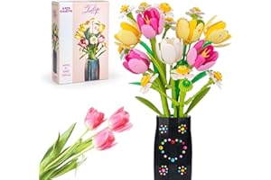 IKIDSUN Flower Bouquet Building Set, 1250pcs Creative DIY Plant Bouquet Decoration, Tulips Daisies Artificial Flowers with Vase for Girls Women Adults 6+, Idea Gifts for Valentines Birthdays Mother's Day