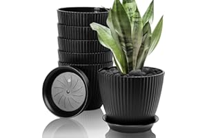FORAGIFT 15cm Plant Pots Indoor, 6 Pack Stripe Grooves Plastic Flower Pots with Drainage Holes and Tray, Modern Decorative Planter Pot for All House Plants, Black