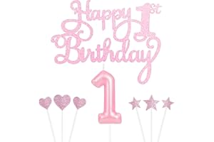 YIRAN Personalised Pink Happy 1st Birthday Cake Topper with Pink Number 1 Birthday Candles Pink Star Heart Cupcake Toppers Cake Decorations Set for Her Him Girls Baby First Birthday Anniversary- (Set 8)