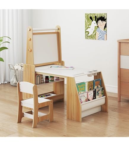 HOMASIS 4 en 1 Ensemble de Table Artistique pour Enfants avec Chaise, Bureau,Tableau Magnétique,Tableau Noir et Etagère,Trépied Réglable en Angle et Craies pour 3 Ans et+ (Naturel