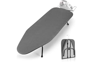 AOFESEL Tabla de planchar plegable compacta de 31 x 81 cm, con patas antideslizantes, ganchos de almacenamiento y estantería, tabla de planchar para ahorrar espacio para el hogar
