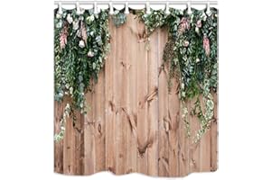 JOOCAR Bathroom Decorative, Wooden Fence Fresh Spring Greens Flowers and Leaf Plant on Wood Board, Waterproof Polyester Fabric Shower Curtain with 12 Hooks Siza: 72x72 Inch