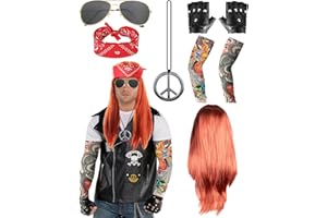 WIRHAUT 8 Pcs Rock Star 70s 80s Heavy Metal Wig Set Rockstar Fancy Dress Costumes for Men Women Kids with Gloves Temporary Tattoo Sleeves Sunglasses Necklace Bandana for World Book Day Disco Carnival Party(A)
