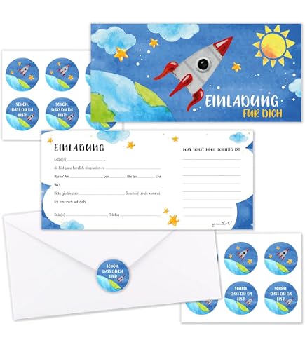 Einladungskarten-Set „Astronaut“ – 10 Karten Mit Aufklebern & Kratzaufklebern, Personalisierbar, Französisches Design