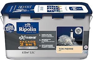RIPOLIN - Peinture Façade 2 en 1 Extrême Extérieur - Sous-Couche Intégrée - Très Forte Adhérence - Protection Contre Micro-organismes - Résistance aux UV et Intempéries - Mat - 2,5L - Ton Pierre