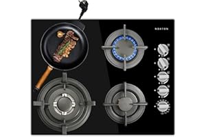 Noxton Piano Cottura a Gas 4 Lampadine 7800W Piano Cottura a Gas Lgnito 60cm con Spina, Robusta Superficie in Vetro GPL Kit per Gas/GPL