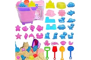 QXNDXQ Set di Giocattoli di Sabbia, 34 Pezzi, con Secchio di Sabbia Pieghevole e Kit di Sandburg, Animali marini, Dinosauri, Pala, Borsa a Rete, Giocattolo da Spiaggia per Ragazzi e Ragazze