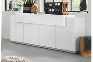 Dmora - Credenza Loris, Madia da cucina a 4 ante, Buffet da soggiorno, 100% Made in Italy, cm 220x45h86, Bianco lucido