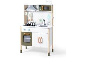 ROBUD Drewniana kuchnia dla dzieci z oświetleniem i dźwiękiem, zestaw zabawek kuchennych dla dzieci, okap kuchenny, kuchenka mikrofalowa, dla dzieci i małych dzieci od 3 lat, large, ROBUD WG187