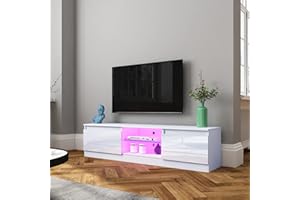 BESTWANTED TV Stand Cabinet Modern White Gloss TV Stand Unit with LED Lights 160CM, 2 Doors, 2 Open Shelves LED TV Cabinet for Bedroom Living Room Home Furniture