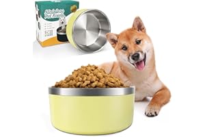 IKITCHEN Cuenco para perros para comida y agua, cuenco de acero inoxidable de 1,8l, antideslizante, aislamiento de doble pared con parte inferior de goma para perros/gatos mediano/grande(64oz/8tazas, amarillo)