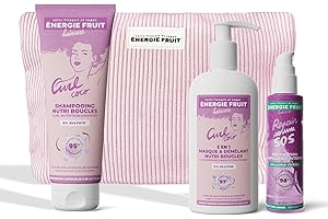 ENERGIE FRUIT - Coffret cadeaux routine capillaire cheveux bouclés - Huile de coco et collagène - Trio shampooing et masque nourrissant, sérum protecteur - Trousse offerte