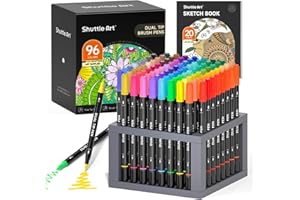 Shuttle Art Dual Tip Brush Pens, 96 Colours Fine and Brush Tip Markers Set with Pen Holder & 1 Colouring Book, Felt Tip Colouring Pens for Adults and Children Colouring Calligraphy Journal Doodling