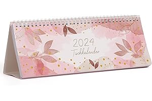 INDEME Tischkalender 2024 - Tischkalender 2024 Quer von Januar bis Dezember, Tischkalender 2024 Quer 1 Woche 2 Seiten, Kalender 2024 Tischkalender mit Mondphasen - Rosa Goldblatt