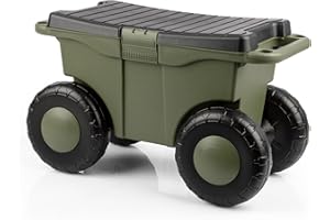 Pure Garden Rolling Garden Cart with Seat - Plastic Storage with Bench and Tool Tray Inside - Garden Stool for Weeding and Planting (Green)