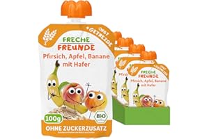FRECHE FREUNDE Bio Quetschie Pfirsich, Apfel, Banane mit Hafer, Fruchtmus mit Getreide im Quetschbeutel für Babys ab dem 6. Monat, vegan, 6er Pack (6 x 100g)