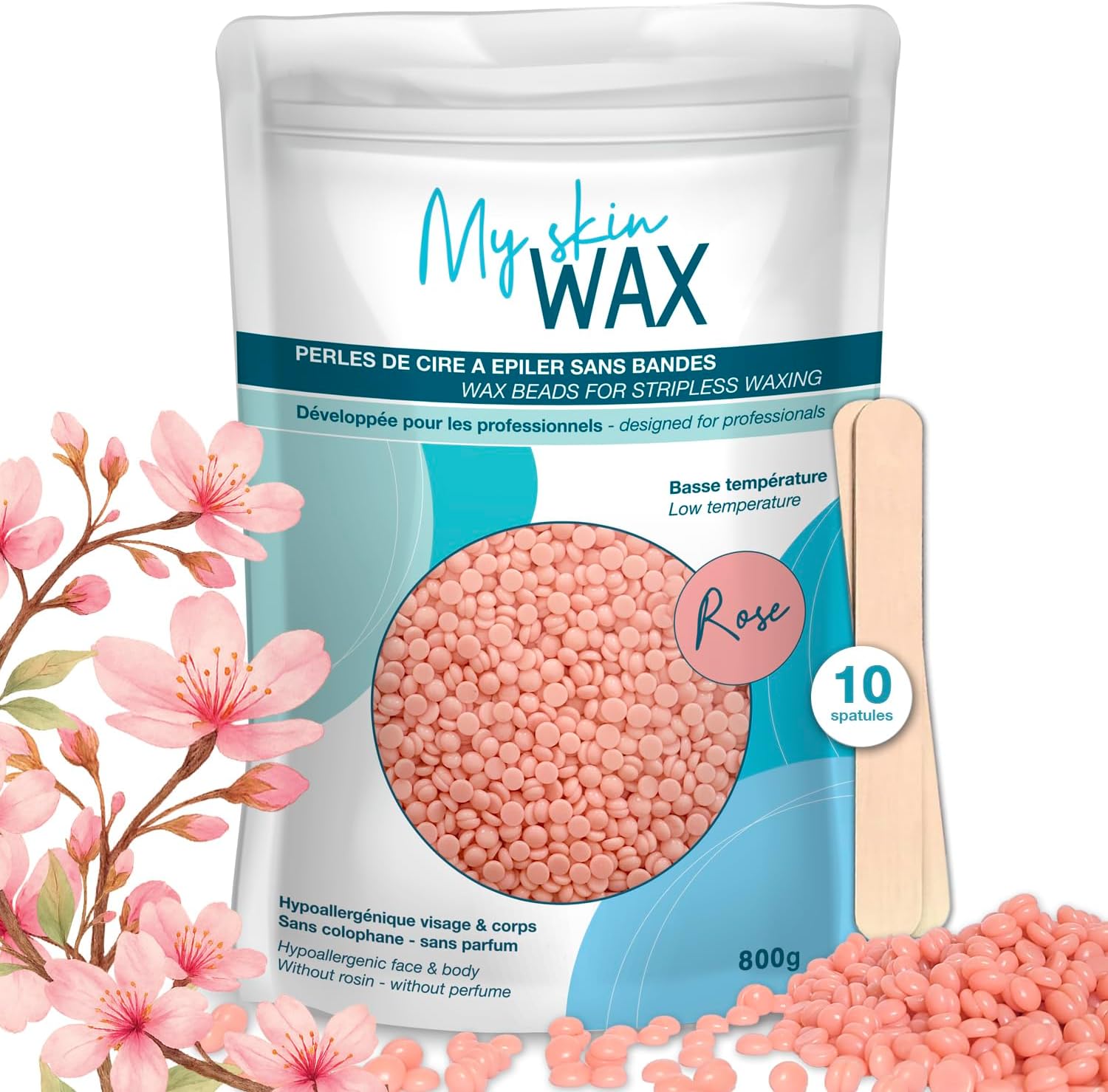 My Skin Wax - Perles de Cire à épiler sans Bande, 800g, Hypoallergénique, Cire d'Épilation en Douceur sans Rougeurs, Spéciale pour peaux Sensibles Homme Femme, Visage, Bikini, Brésilien, Rose