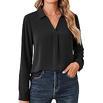 Beluring Shirt met lange mouwen voor dames, elegante V-hals, hemdblouse met lange mouwen, effen werkshirt, Crème, XL