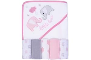 Viviland Baby Hooded Towel with Five Washcloths, Soft Touch and Strong Absorption Washcloths, Great Gift for Infants and Newborn, 66×76cm, 6 Pack (Pink Elephant)
