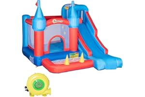 Outsunny Castello Gonfiabile per Bambini 4 in 1, Parco Acquatico Gonfiabile con Trampolino, Scivolo, Piscina e Parete da Arrampicata, Gonfiatore e Picchetti Inclusi, Età 3-8 Anni