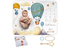 ODOXIA Coperta Neonato In Italiano | Tappeto Per Maschio O Femmina, Unisex | Tema Mongolfiera | Regalo Baby Shower Personalizzato Per Neomamme | Copertina | Incluse Cornici