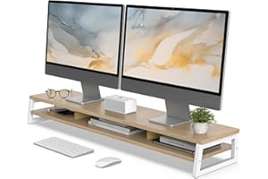 Fenge Supporto per Monitor per Computer in Legno con Struttura in Metallo, Rialzo per Monitor da Scrivania a 2 Livelli, Supporto Ergonomico per Laptop, PC, Computer, L108 x W25,5 x H13,7cm, Rovere