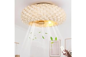 KZT Ventilador de techo con Iluminación silencioso Lámpara De Techo E27 Retro luces de Plafone con mando a distancia Bambú Natural Y Ratán Vintage Plafones Para Sala De Estar Dormitorio Comedor Luz