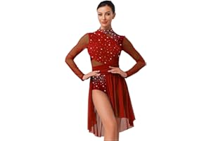 Yruioon Women's Figure Skating Dress Glitter Long Sleeve Roller Skate Dress Backless Lyrical Dance Dress with Slit Skirt Pumpkin Dress Competition Dance Costume