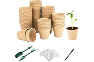 BIPY 50Pcs 8cm Round Biodegradable Fibre Seed Pots for Seedling with 50 Pcs Plastic Labels Pen A little Dibber and Fork for Growing Plants Vegetables Fruit Flowers Gardens
