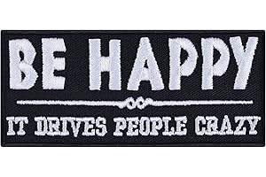 EXPRESS-STICKEREI BE Happy Sew on Patch - Iron on Patches for Bikers, Rockers, Hipsters, influencers, Psychologists - Wildly Popular Applique for Jackets, Jeans, Backpacks, Hats, Shirts - 90x40 mm