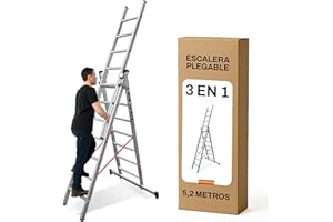 NAWA HOME & WORK BTF | Escalera de Aluminio 3 Tramos 2,0 MTS, 7 peldaños x Tramo | Escalera Plegable Transformable y Extensible | Altura alcanzable Aprox. 5,5 Metros | Certificada EN131 - Carga 150 kg. BTF-ETTB6720