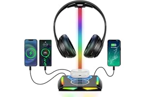 New Bee Headphone Stand RGB Headset Holder with Wireless Charger, Headset Stand Gaming Headphone Holder with 2*USB-C and 1*USB Charging Ports, 7 Light Modes and Non-Slip Rubber Base (Black)